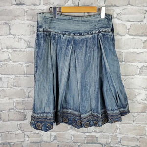 Vintage Blue Denim A-Line Skirt with Embroidered Hem